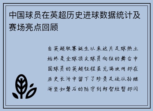 中国球员在英超历史进球数据统计及赛场亮点回顾